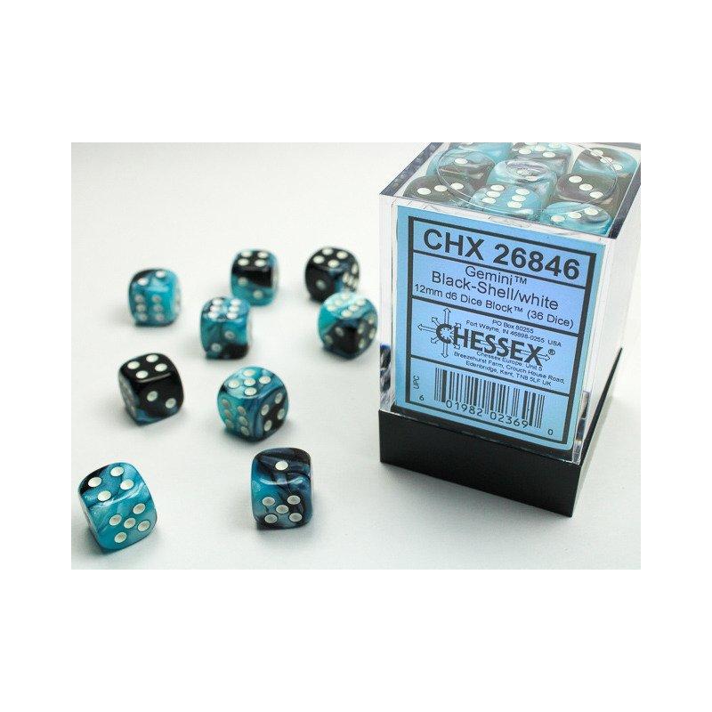 Chessex - Gemini Black-Shell/white 12mm d6 Dice Block (36 dice)