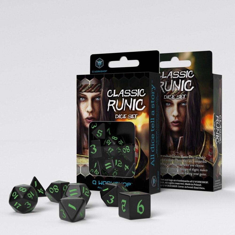 Q Workshop - Classic Runic Black & Green Dice Set (7)