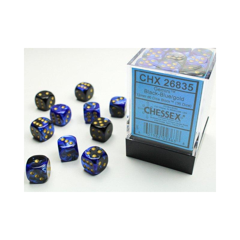 Chessex - Gemini Black-Blue/gold 12mm d6 Dice Block (36 dice)