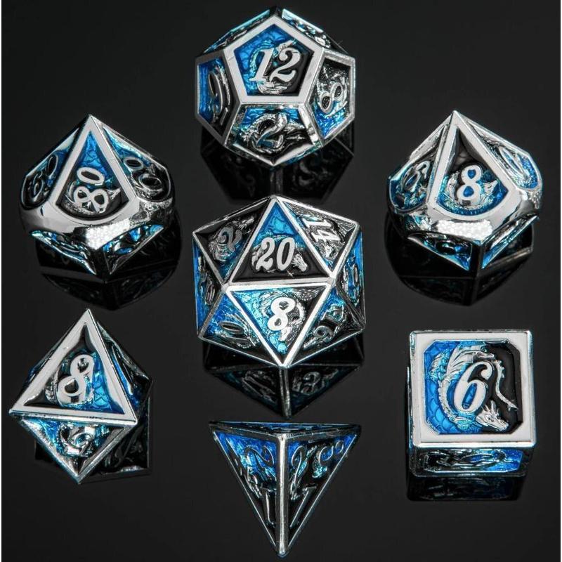 Silver w/Black& Blue dragon dice set for RPGs