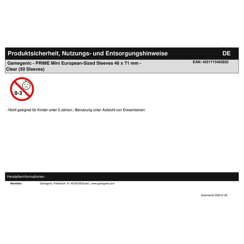 Gamegenic - PRIME Mini European-Sized Sleeves 46 x 71 mm - Clear (50 Sleeves)