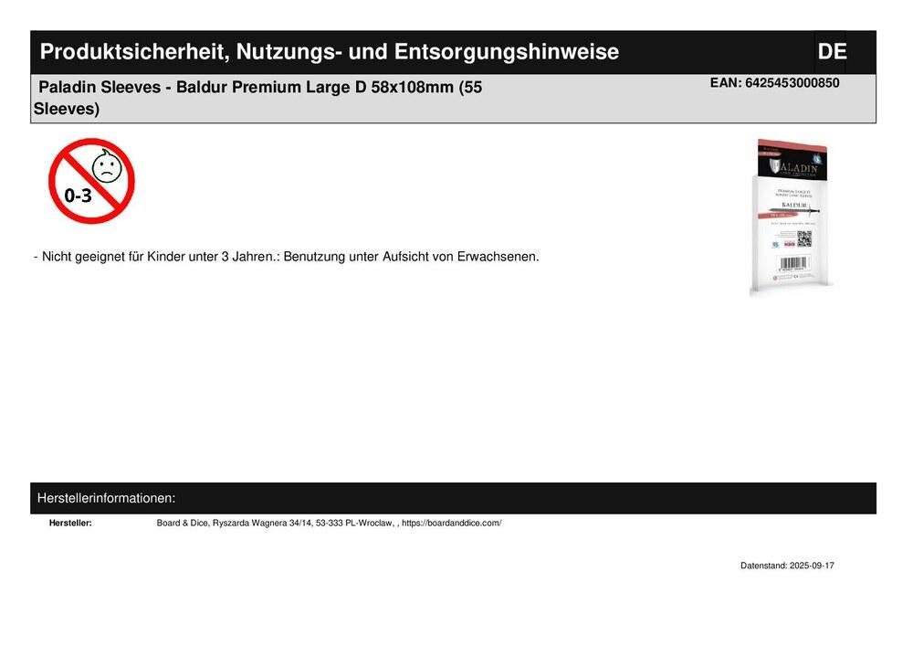 Paladin Sleeves - Baldur Premium Large D 58x108mm (55 Sleeves)