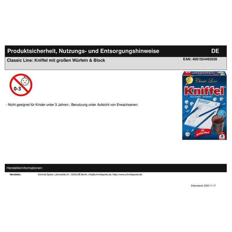 Classic Line: Kniffel mit großen Würfeln & Block