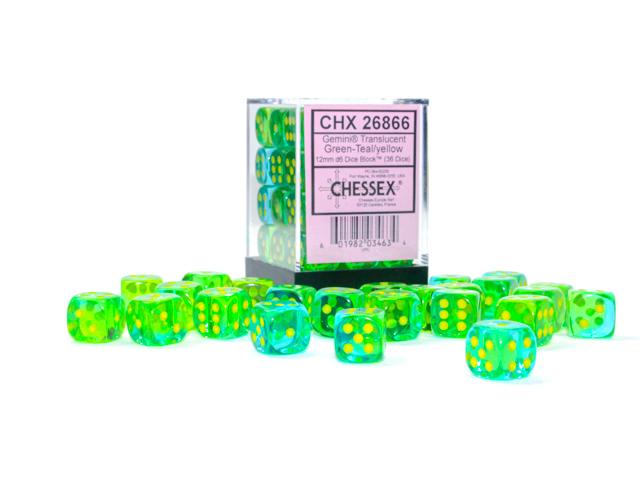 Chessex - Gemini Translucent Green-Teal/yellow 12mm d6 Dice Block